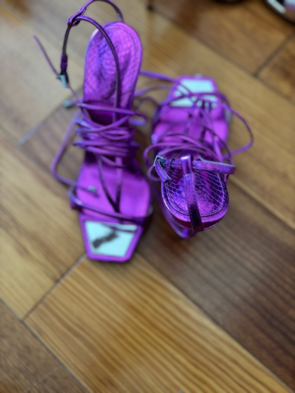 NWOB SCHUTZ Metallic Purple Lace-Up Stiletto Sandal - Picture 6 of 7
